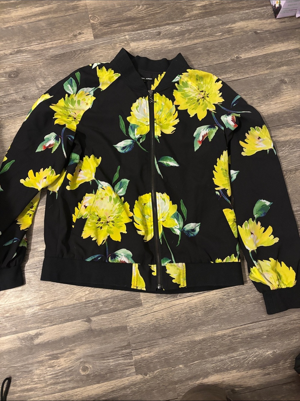 Samuel Dong Black Bomber Jacket with Yellow Floral Print